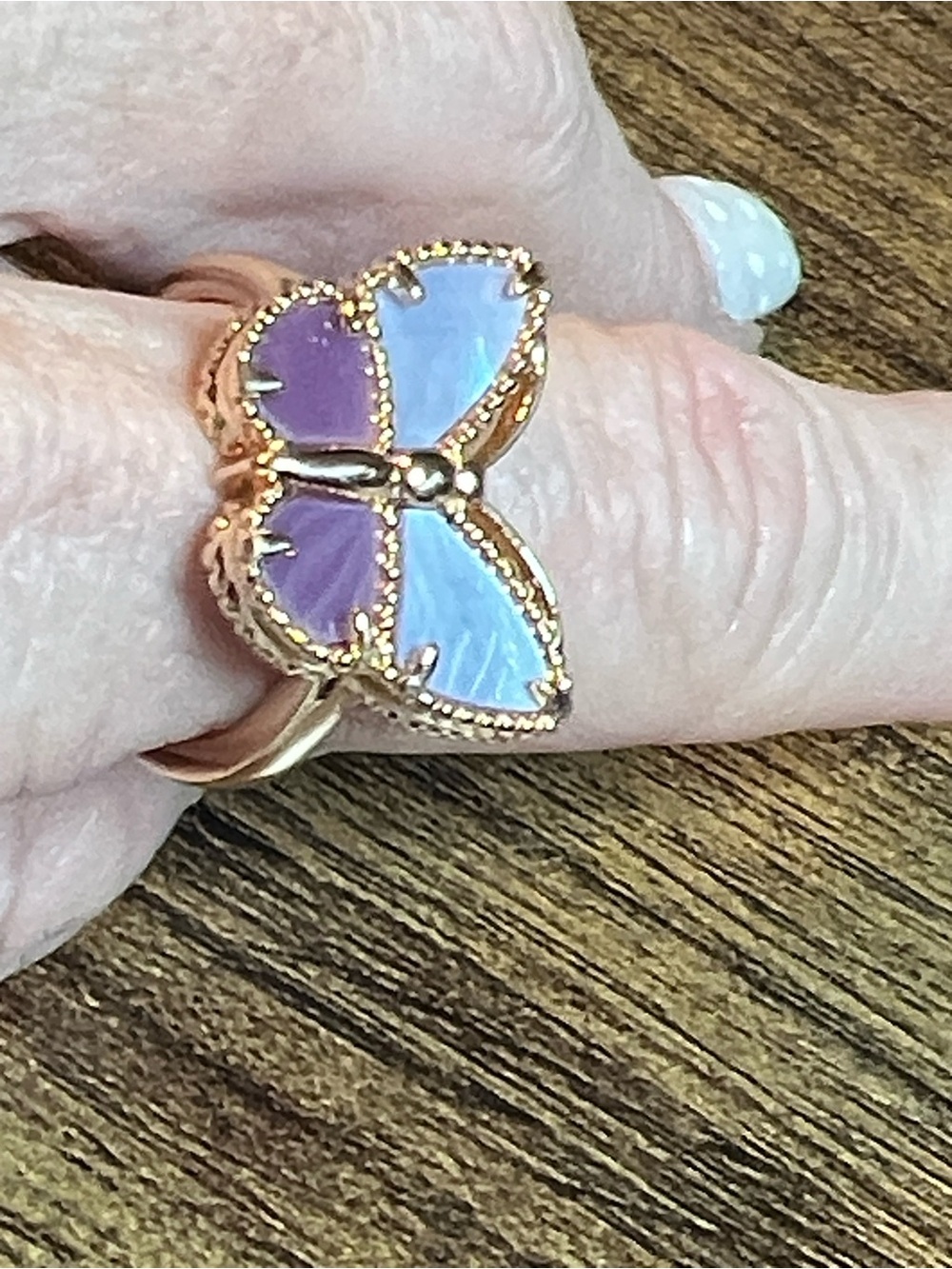 Gold Butterfly Ring with Purple and Light Blue Inlay
